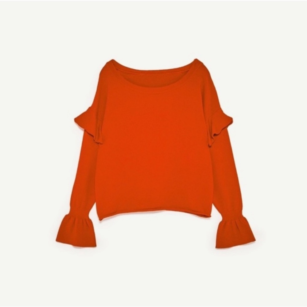 Zara Women’s Red Orange Bell Sleeves Ruffle Knit Long Sleeve Flounce Sweater - Picture 4 of 15